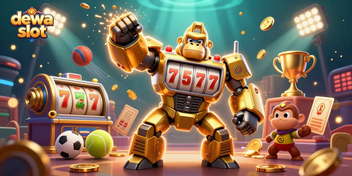 Menampilkan dewa slot dalam ilustrasi 3D yang penuh warna dengan mesin slot dan simbol keberuntungan, merangkum semangat permainan.