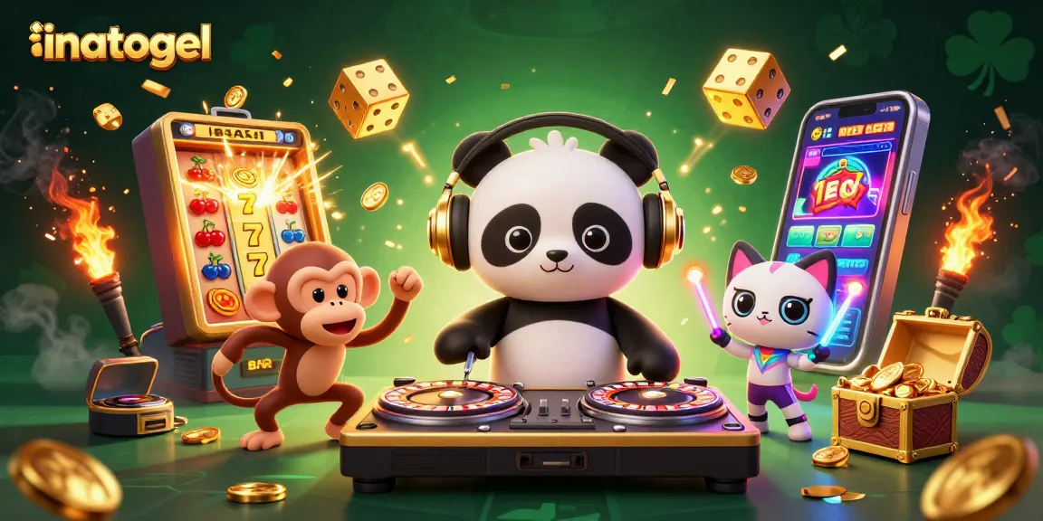 Gambarkan inatogel di dunia kasino dengan DJ panda, monyet menari, dan kucing bersinar, penuh detail dan warna.
