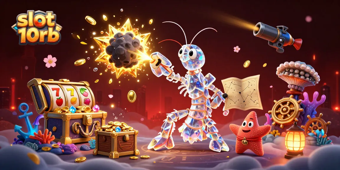 Engage with slot 10rb as the cartoon mantis shrimp battles for treasures in a vibrant casino scene.