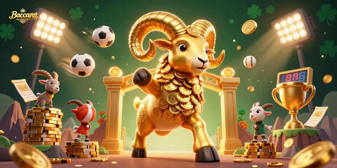 Baccarat game illustration showcasing a massive golden ram charging at a gate with sports elements and gold coins.