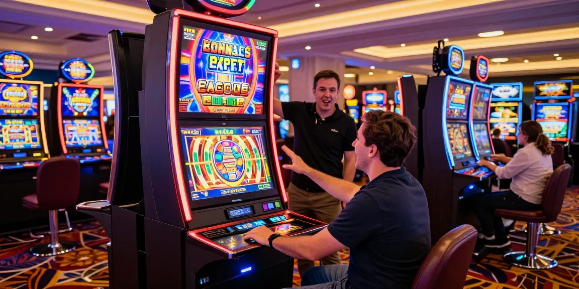 Exciting moment at a casino gaming floor showcasing bonus buy slots with vibrant lights and players engaged in gameplay.