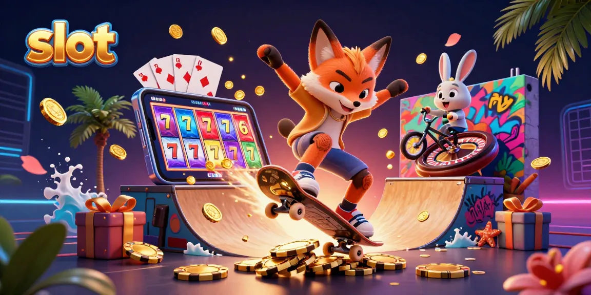 Experience exciting slots action with a vibrant, dynamic illustration featuring slot reels and casino elements.