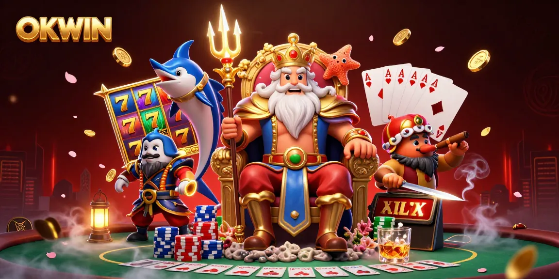 Experience thrilling wins with OKWIN's vibrant slot games and poker action in this captivating scene.