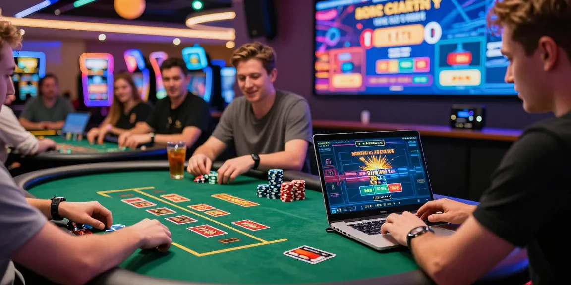 Excited players enjoying their favorite credit card casinos online, vibrant casino atmosphere with colorful gaming lights.