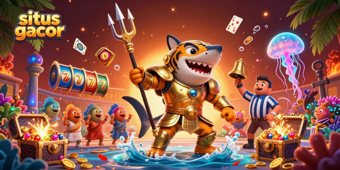 Engage with the situs gacor underwater casino adventure featuring a shark gladiator and casino treasures.